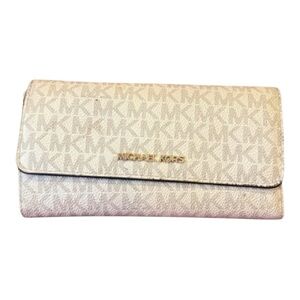 Michael Kors Cream Logo Wallet MK logo designer leather purse clutch gold brown